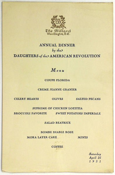1931 Menu DAR DAUGHTERS OF THE AMERICAN REVOLUTION Willard Hotel Washington DC
