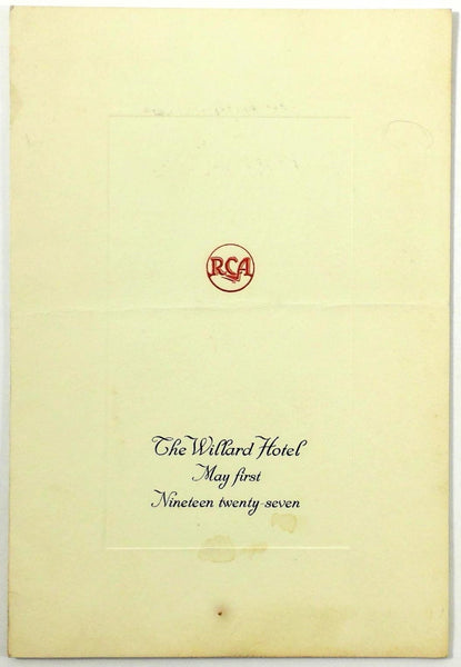 1927 Dinner Menu RCA The Willard Hotel Washington DC