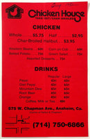 1980's Vintage Menu CHICKEN HOUSE Char-Broiled Restaurant Anaheim California