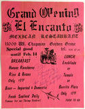 1982 Menu Flyer Grand Opening EL ENCANTO Mexican Restaurant Garden Grove CA