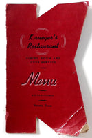 1930's Vintage Menu KRUEGER'S RESTAURANT Dining & Curb Service Victoria Texas