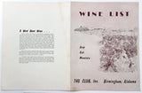 1960's Vintage WINE LIST Menu THE CLUB INC Birmingham Alabama Atop Red Mountain