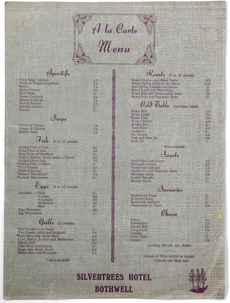 1960's Vintage Menu SILVERTREES HOTEL Restaurant Bothwell Lanarkshire Scotland