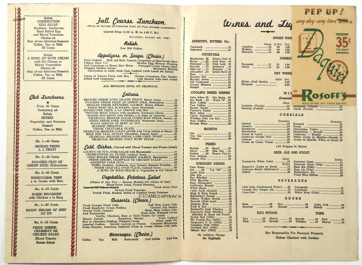 1941 Vintage Luncheon Menu & Wine List ROSOFF'S RESTAURANT New York Ti ...