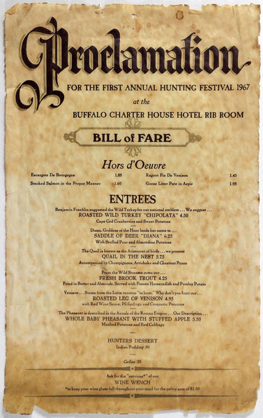 1967 Hunting Festival Menu BUFFALO CHARTER HOUSE HOTEL RIB ROOM New York