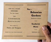 1940's Vintage Lunch SANDWICH Menu BOHEMIAN GARDENS Newport Rhode Island