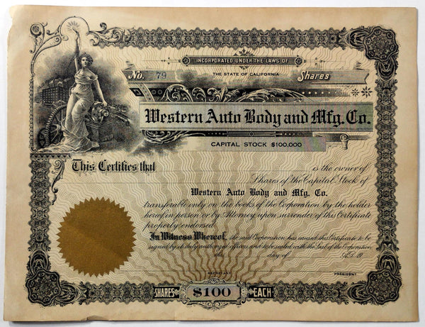 WESTERN AUTO BODY AND MFG. CO. Vintage Old Stock Certificate BLANK UNUSED CA