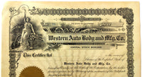 WESTERN AUTO BODY AND MFG. CO. Vintage Old Stock Certificate BLANK UNUSED CA