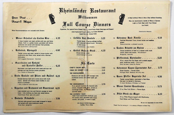 1960's Vintage Dinner Menu DER RHEINLANDER German Restaurant Portland OR