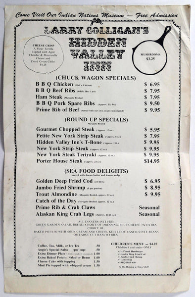 1970's Vintage Menu LARRY COLLIGAN'S HIDDEN VALLEY INN Restaurant Tuscon AZ