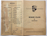 1940 Vintage Wine List Cocktails Drinks & Food Menu MIAMI CLUB Baltimore MD