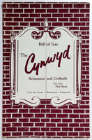 1960's Vintage Menu THE CYNWYD RESTAURANT & COCKTAILS Bala-Cynwyd Pennsylvania