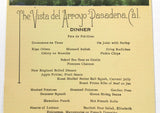 1927 Original Vintage Dinner Menu Card VISTA DEL ARROYO HOTEL Pasadena CA