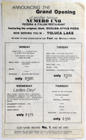 1970's Vintage Grand Opening Take-Out Menu NUMERO UNO PIZZERIA Toluca Lake CA