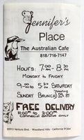 1985 Vintage Menu JENNIFER'S PLACE Australian Cafe Restaurant Woodland Hills CA