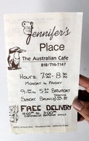1985 Vintage Menu JENNIFER'S PLACE Australian Cafe Restaurant Woodland Hills CA