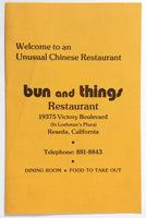 1970's Vintage Take-Out Menu BUN AND THINGS Chinese Taiwan Restaurant Reseda CA