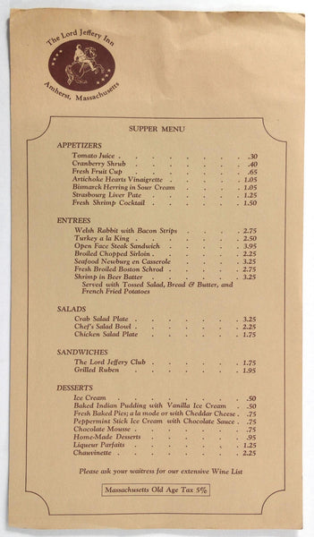 1970's Vintage Supper Menu THE LORD JEFFERY INN On The Common Amherst MA