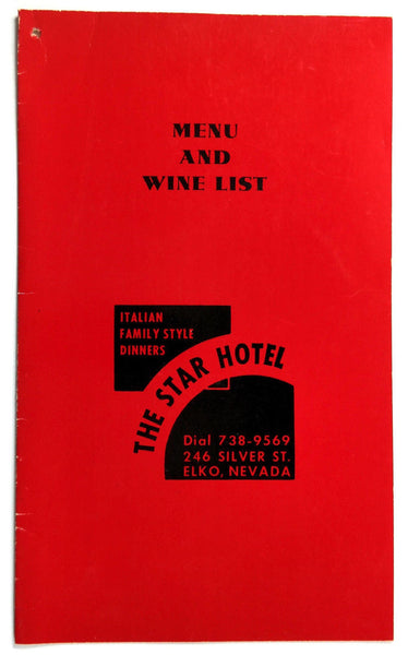 1960's Vintage Menu THE STAR HOTEL Italian Restaurant Elko Nevada w/ Wine List