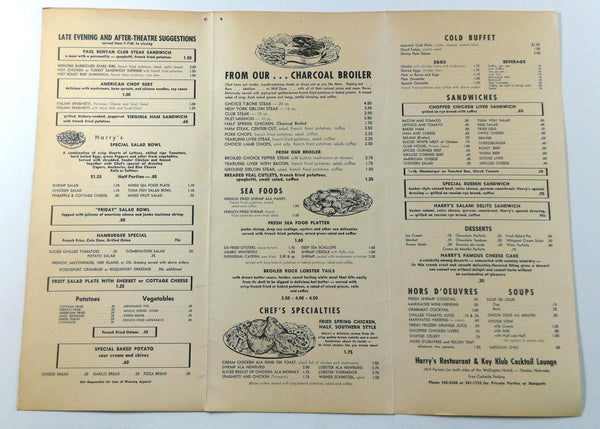 1960 s Vintage Menu HARRY S RESTAURANT Key Klub Cocktail Lounge