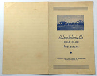 1940's Original Vintage Menu BLACKHEATH GOLF CLUB Restaurant Northbrook Illinois