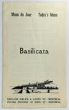 1967 Vtg BASILICATA Menu Italy ITALIAN PAVILION Restaurant Expo '67 Montreal CA