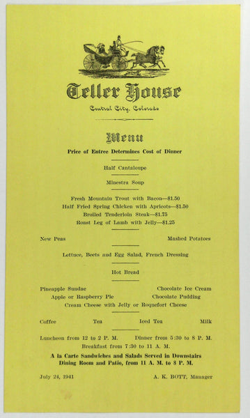 1941 Original Vintage Menu Card TELLER HOUSE Restaurant Central City Colorado