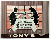 1961 Vintage Original BREAKFAST Menu TONY'S Restaurant Marianna Florida