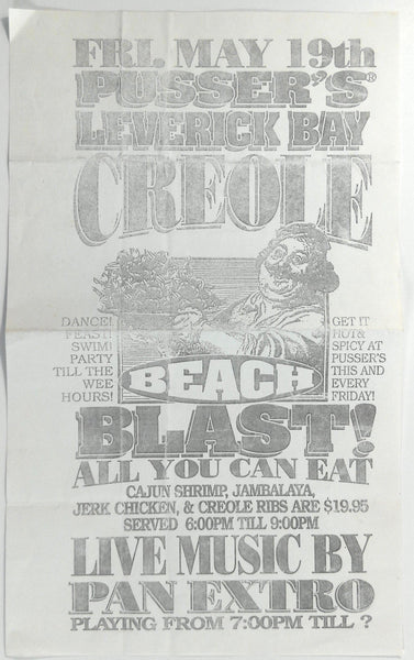 Vintage Flyer Ad PUSSER'S LEVERICK BAY Virgin Gorda BEACH BLAST Pan Extro Music