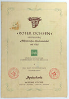 Original Vintage Menu ROTER OCHSEN HOTEL Restaurant Heidelberg Germany