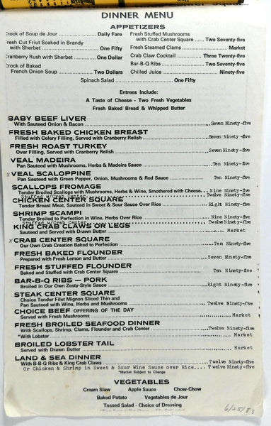 1983 Original Vintage Menu THREE CENTER SQUARE Inn Village Maytown Pen ...