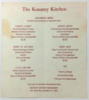 Vintage Original Kids Menu THE KOUNTRY KITCHEN Restaurant Lancaster Pennsylvania