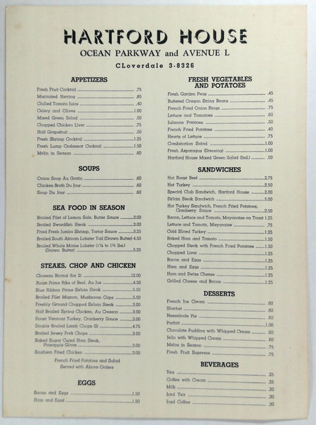 1960's HARTFORD HOUSE Brooklyn New York Original Dinner & Wine List Menu
