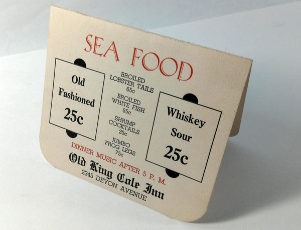 1940's OLD KING COLE INN Restaurant Chicago IL Original Table Tent Card Menu