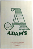 1980's Original Menu ADAM'S Restaurant Ventura Boulevard Encino California