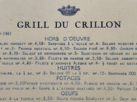 1961 GRILL DU CRILLON Hotel Restaurant Menu Paris France