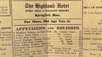 1946 WWII Era War Ration Menu THE HIGHLAND HOTEL Springfield Massachusetts