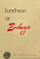 1976 Vintage Lunch Menu ZACHARY'S Restaurant COLONNADE HOTEL Boston MA