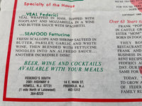 1985 FEDERICI'S PIZZA Italian Restaurant Placemat Freehold & Howell New Jersey