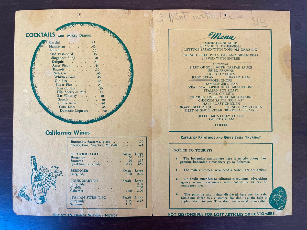 1953 Artists & Bohemians THE IRON POT Restaurant Menu San Francisco Ca ...