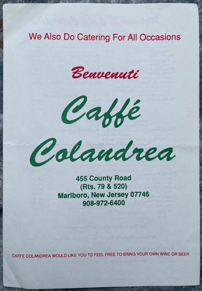 Vintage Menu CAFFE COLANDREA Restaurant Italian Pasta Pizza Marlboro New Jersey