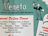 1950's VENETO Restaurant San Francisco California Vintage Full Size Menu