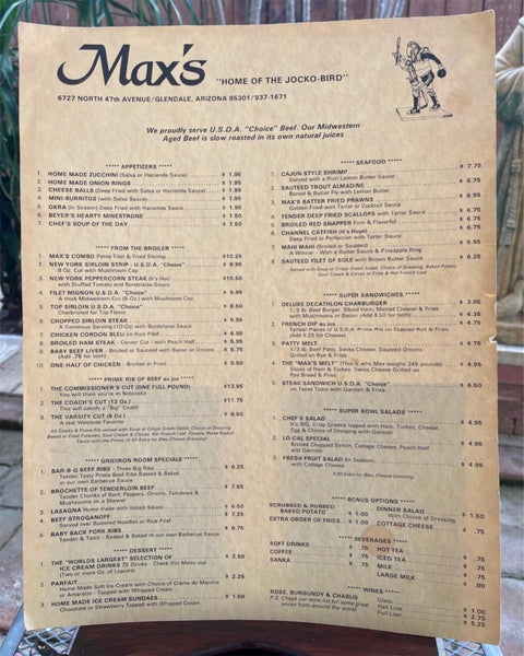 1980's Giant Menu MAX'S Restaurant Home Of The JOCKO-BIRD Glendale Arizona