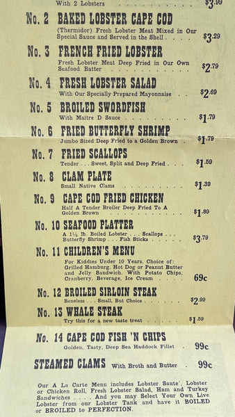 1950's Vtg Menu LOBSTER IN THE ROUGH Route 28 West Yarmouth MA CAPE CO ...