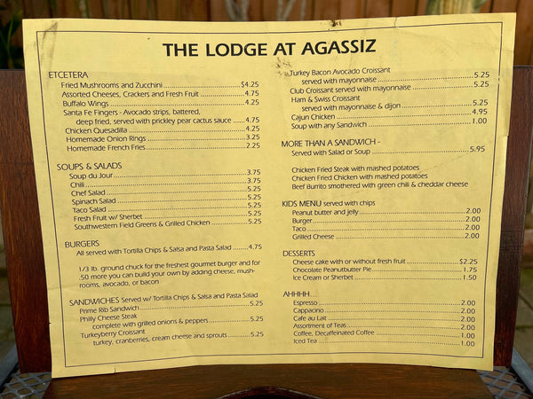 Vintage Menu THE LODGE AT AGASSIZ Mystery Location