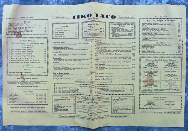 Vintage TIKO TACO Mexican Restaurant Menu Green Brook New Jersey