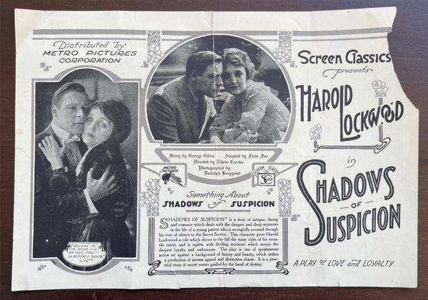 1919 HAROLD LOCKWOOD in SHADOWS of SUSPICION Rare Silent Film Movie Herald