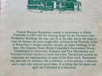 Vintage Menu RATTENBURY'S Restaurant British Columbia Canada