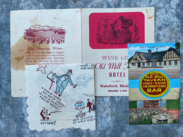 OLD MILL TAVERN HOTEL Vintage Menu Comedy Napkin Postcard Waterford Michigan
