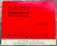 1950's ZSU ZSA Hungarian Restaurant Menu Gypsy Music Dancing Van Nuys Californi